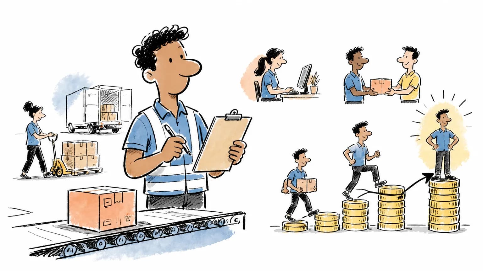 Ilustração sobre Quanto ganha um auxiliar de logística: salário e faixas, com cena profissional relacionada ao tema.