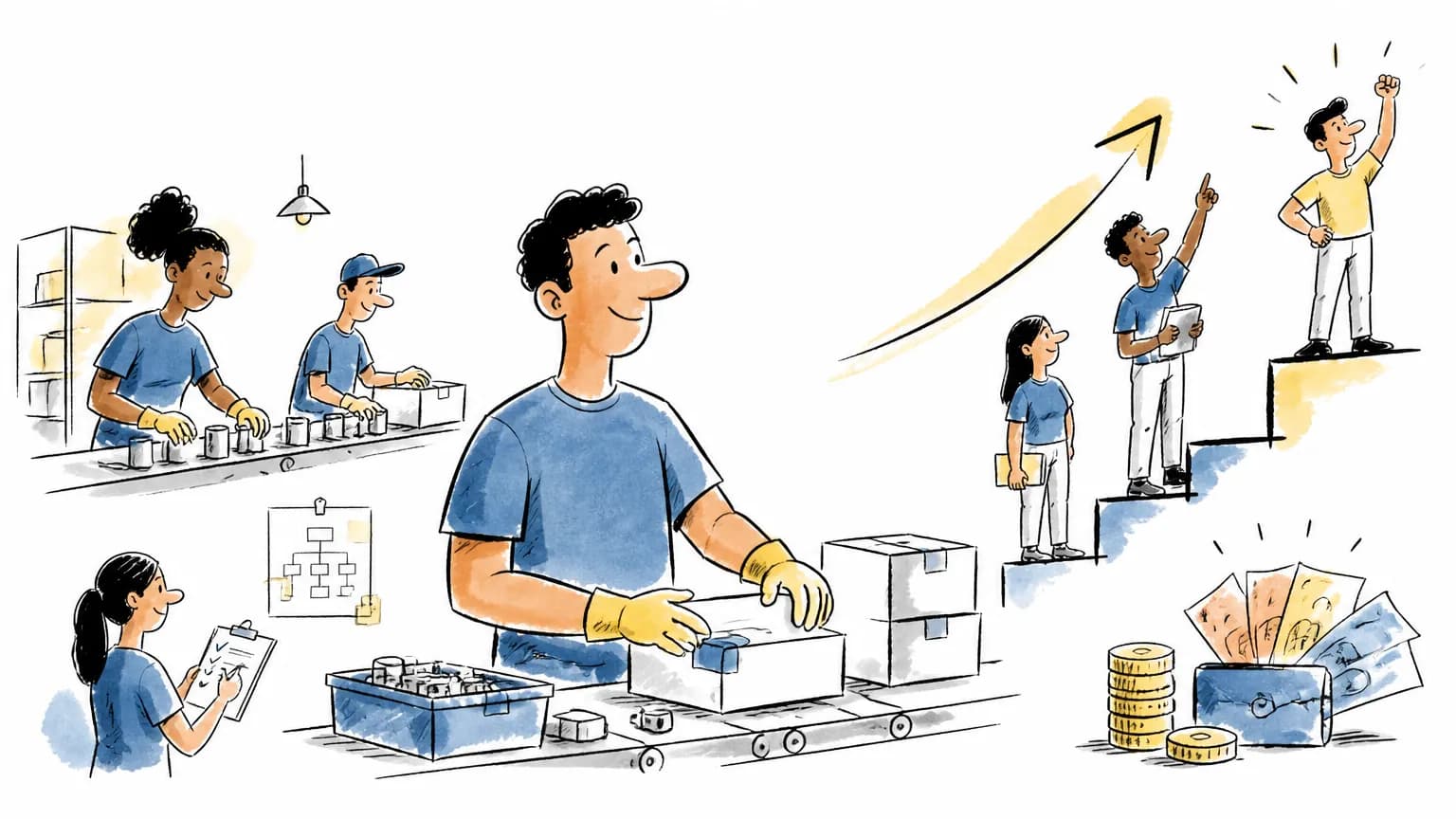 Ilustração sobre Quanto ganha um auxiliar de produção: salário e faixas, com cena profissional relacionada ao tema.
