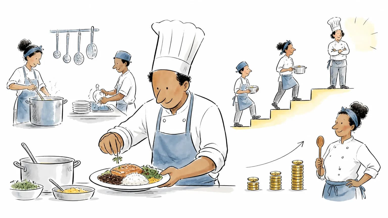 Ilustração sobre Quanto ganha um cozinheiro: salário e faixas, com cena profissional relacionada ao tema.