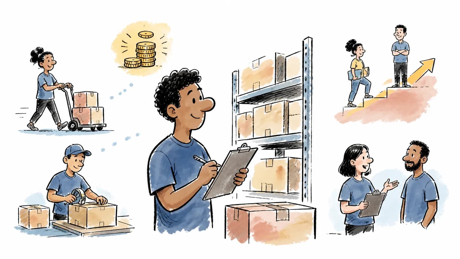 Ilustração sobre Quanto ganha um estoquista: salário e faixas, com cena profissional relacionada ao tema.