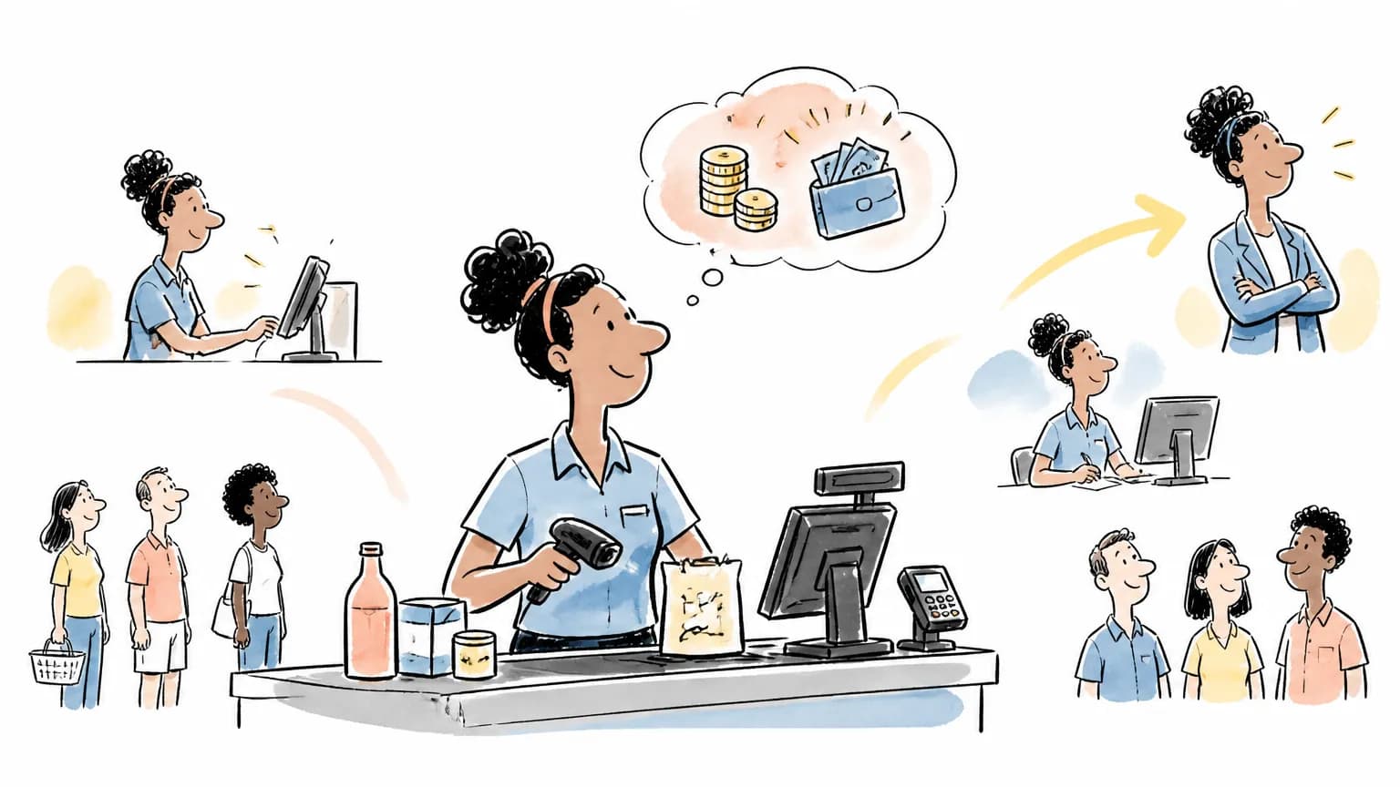 Ilustração sobre Quanto ganha um operador de caixa: salário e faixas, com cena profissional relacionada ao tema.
