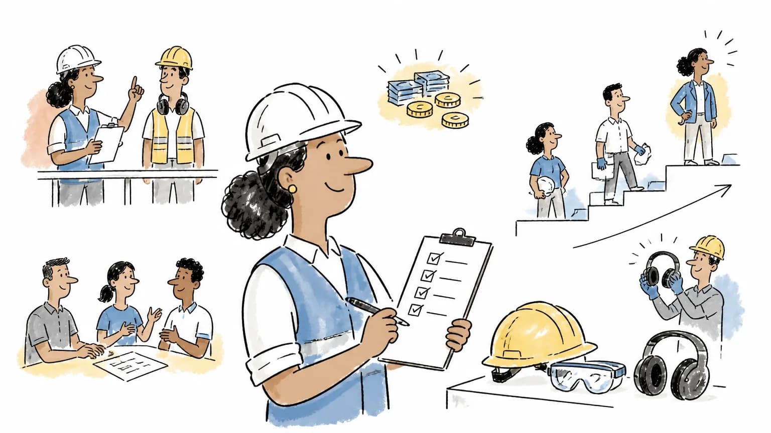 Ilustração sobre Quanto ganha um técnico de segurança do trabalho, com cena profissional relacionada ao tema.