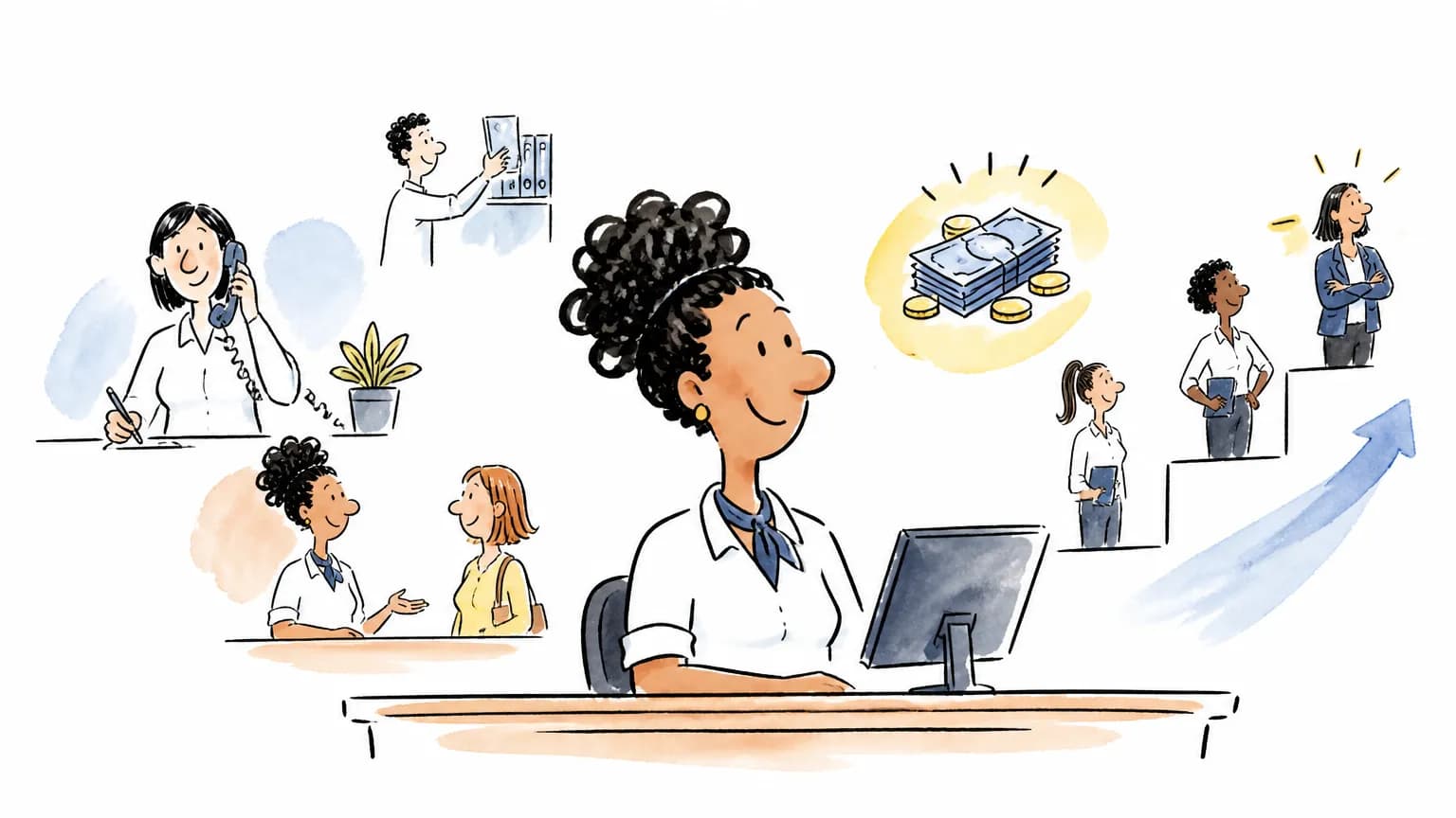 Ilustração sobre Quanto ganha uma recepcionista: salário e faixas, com cena profissional relacionada ao tema.