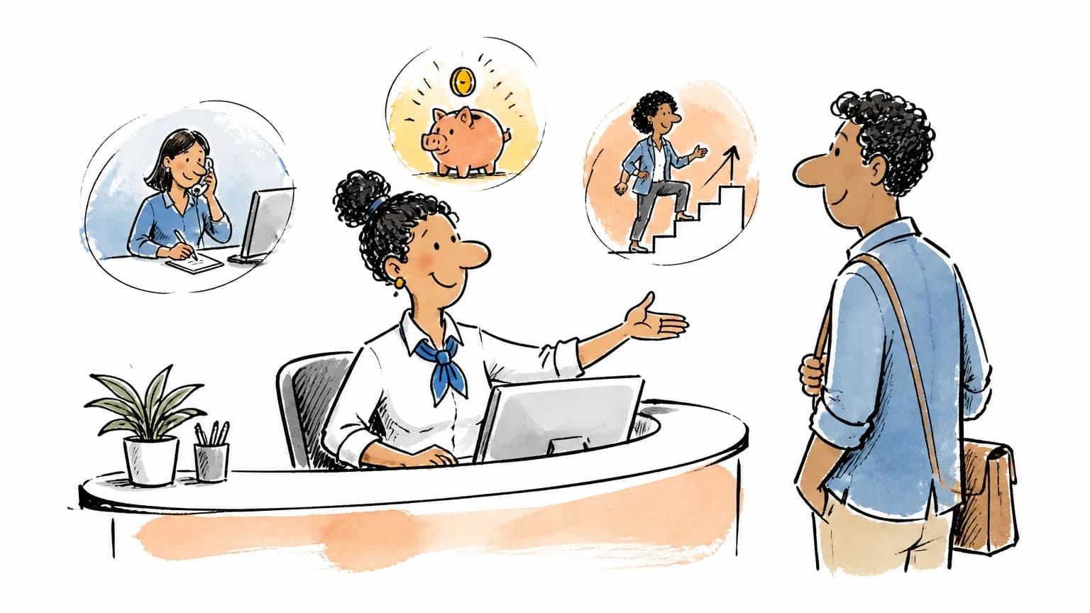 Ilustração sobre Recepcionista: o que faz, salário e como ser, com profissional em ambiente de trabalho.