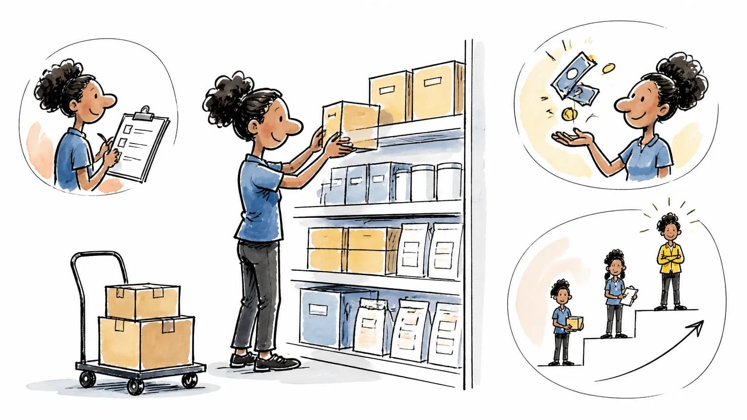 Ilustração sobre Repositor: o que faz, salário e como ser, com profissional em ambiente de trabalho.
