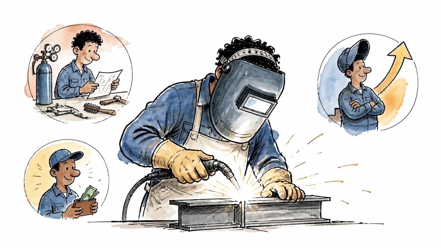 Ilustração sobre Soldador: o que faz, salário e como se tornar, com profissional em ambiente de trabalho.