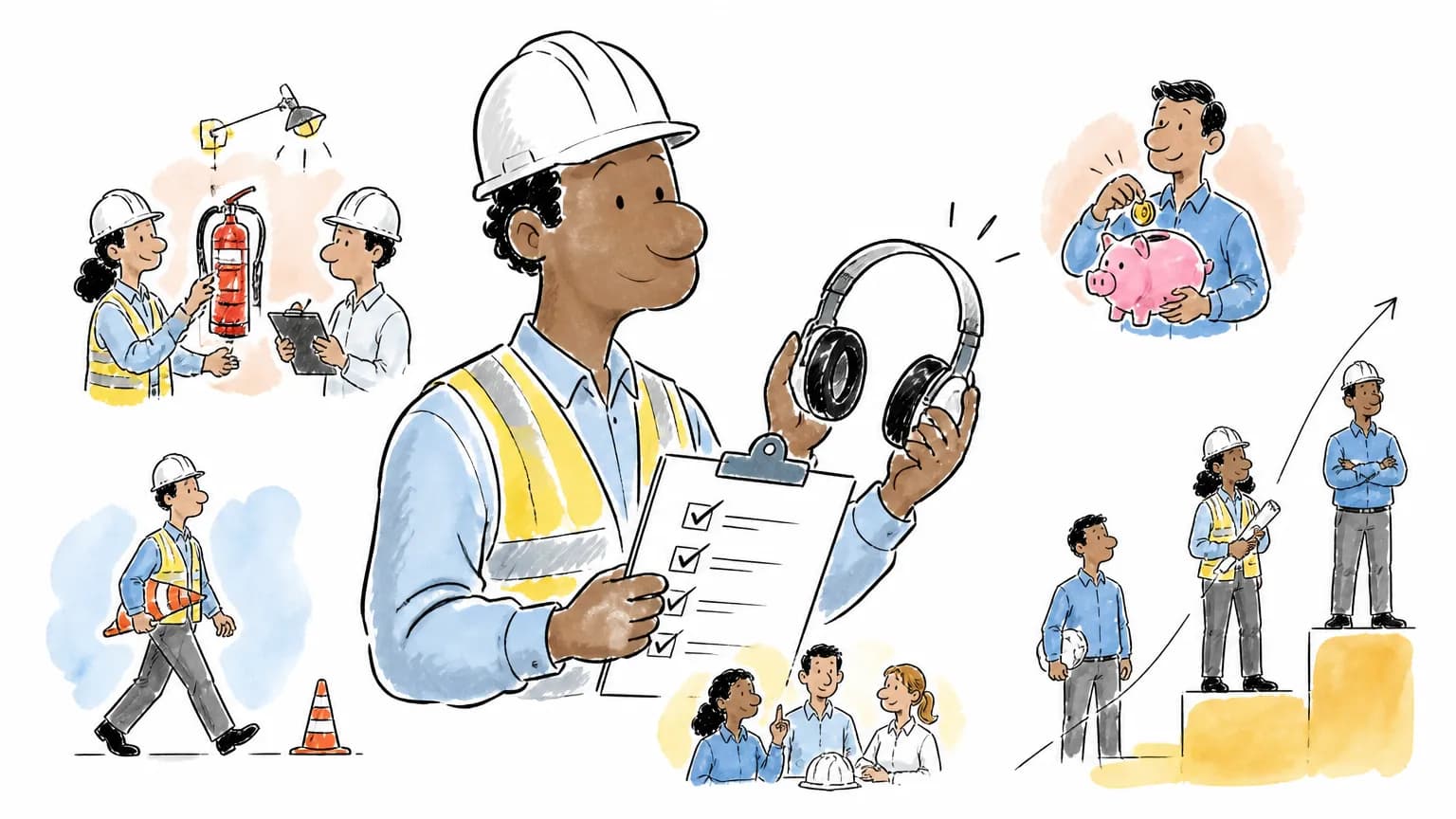 Ilustração sobre Técnico de segurança do trabalho: o que faz e salário, com cena profissional relacionada ao tema.