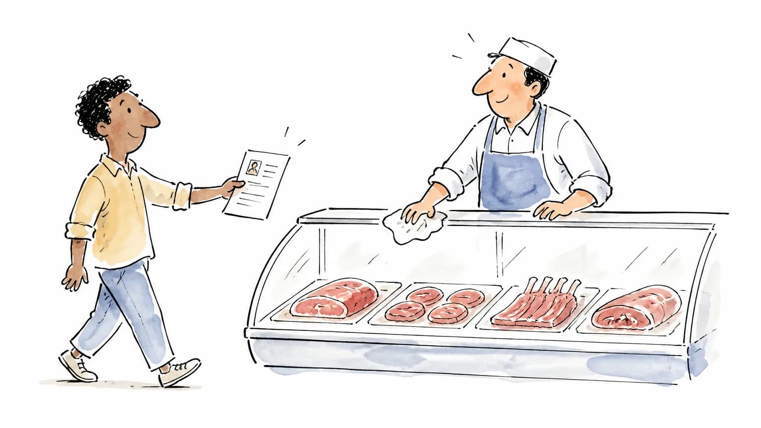 Ilustração sobre Vaga de açougueiro no Assaí: como se candidatar, com profissional em ambiente de trabalho.