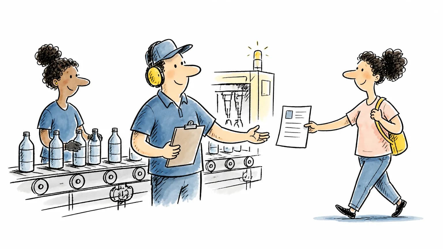 Ilustração sobre Vaga de auxiliar de produção na Ambev: como se candidatar, com profissional em ambiente de trabalho.