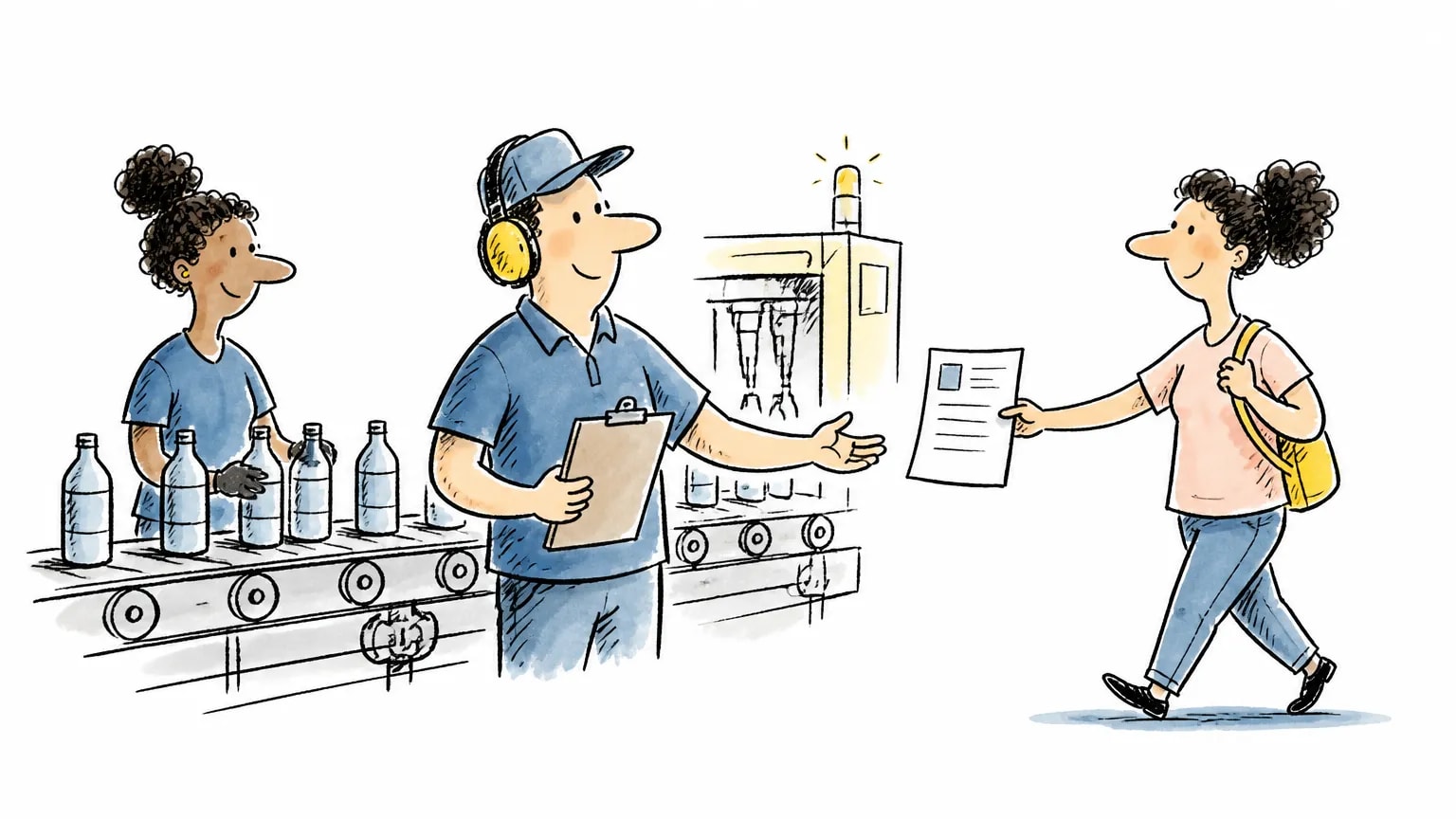 Ilustração sobre Vaga de auxiliar de produção na Ambev: como se candidatar, com profissional em ambiente de trabalho.