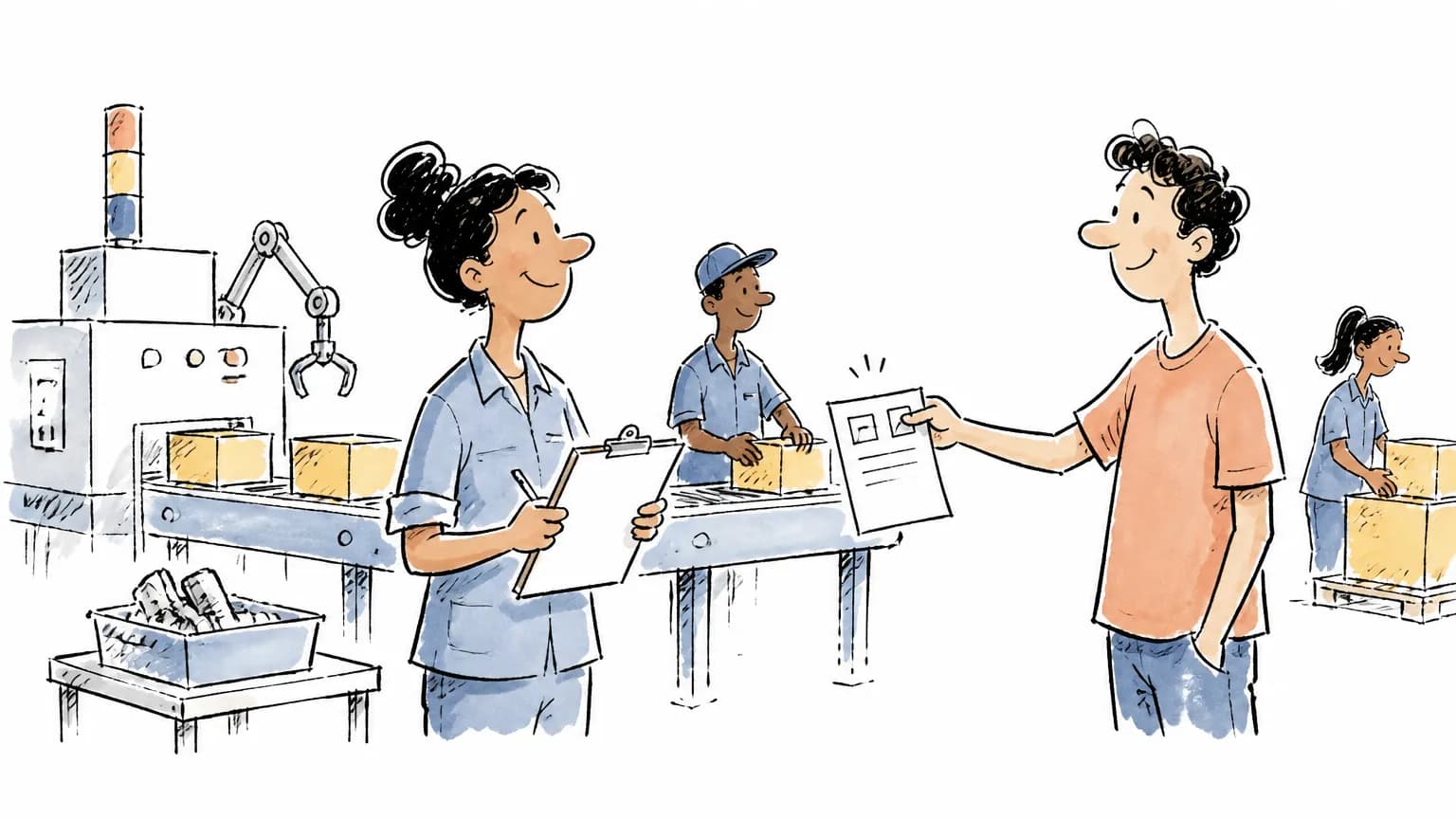 Ilustração sobre Vaga de auxiliar de produção na Raízen: como se candidatar, com profissional em ambiente de trabalho.