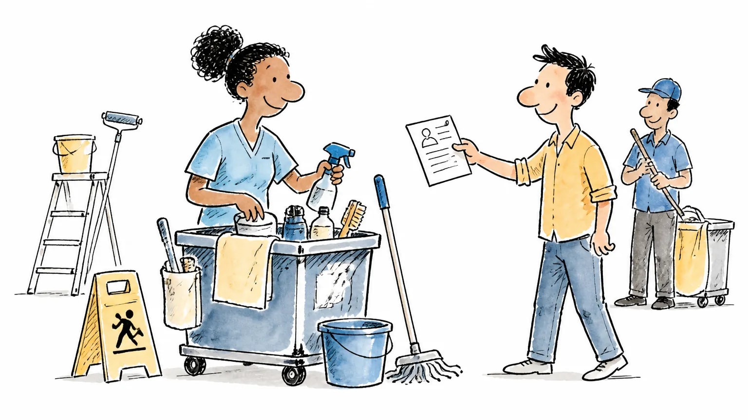 Ilustração sobre Vaga de auxiliar de serviços gerais na Havan: como se candidatar, com profissional em ambiente de trabalho.