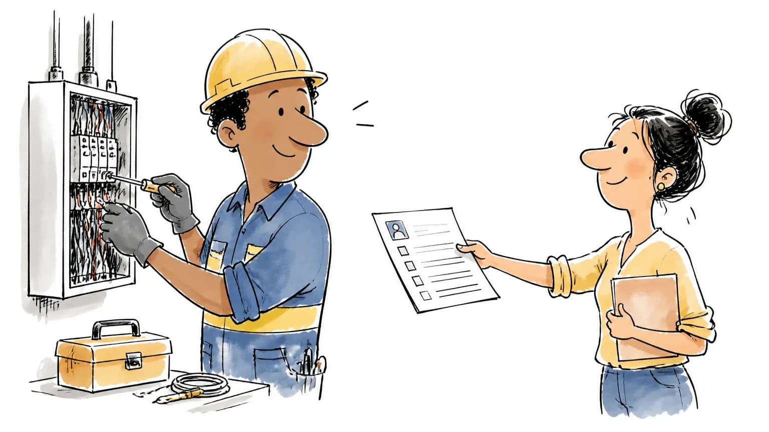 Ilustração sobre Vaga de eletricista na Raízen: como se candidatar, com cena profissional relacionada ao tema.