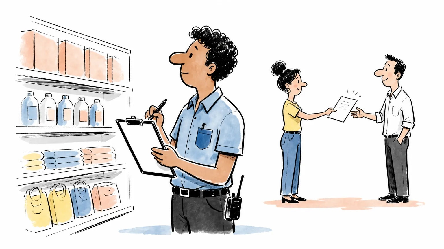 Ilustração sobre Vaga de fiscal de prevenção de perdas na Havan: como se candidatar, com profissional em ambiente de trabalho.