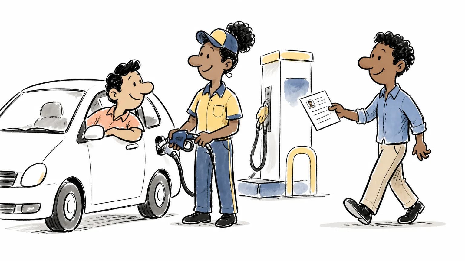 Ilustração sobre Vaga de frentista na Raízen: como se candidatar, com profissional em ambiente de trabalho.