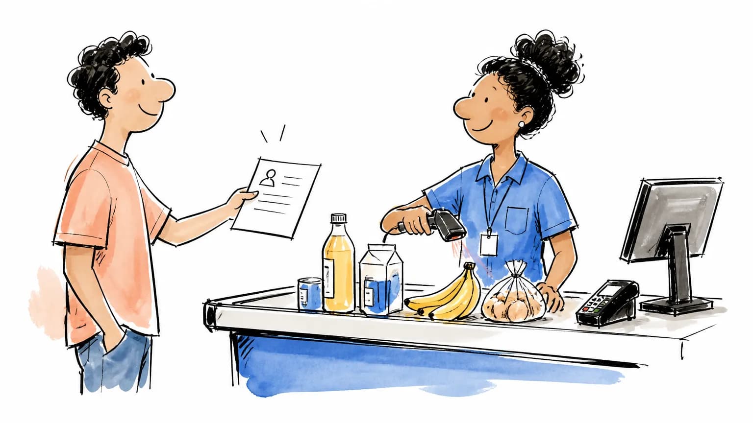 Ilustração sobre Vaga de operador de caixa no Assaí: como se candidatar, com profissional em ambiente de trabalho.