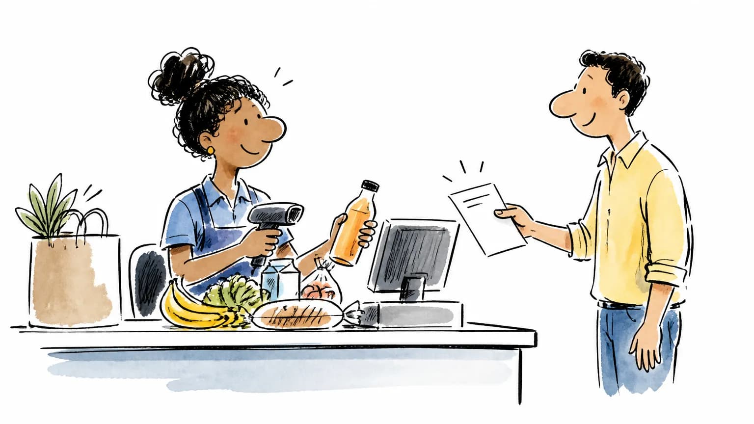 Ilustração sobre Vaga de operador de caixa na Havan: como se candidatar, com profissional em ambiente de trabalho.