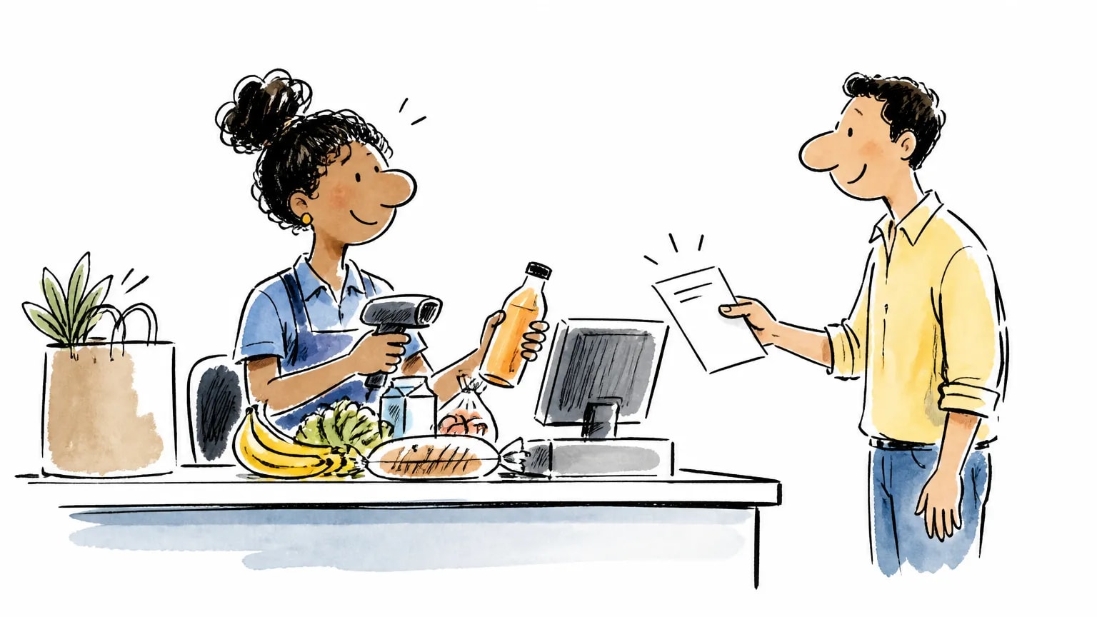Ilustração sobre Vaga de operador de caixa na Havan: como se candidatar, com profissional em ambiente de trabalho.