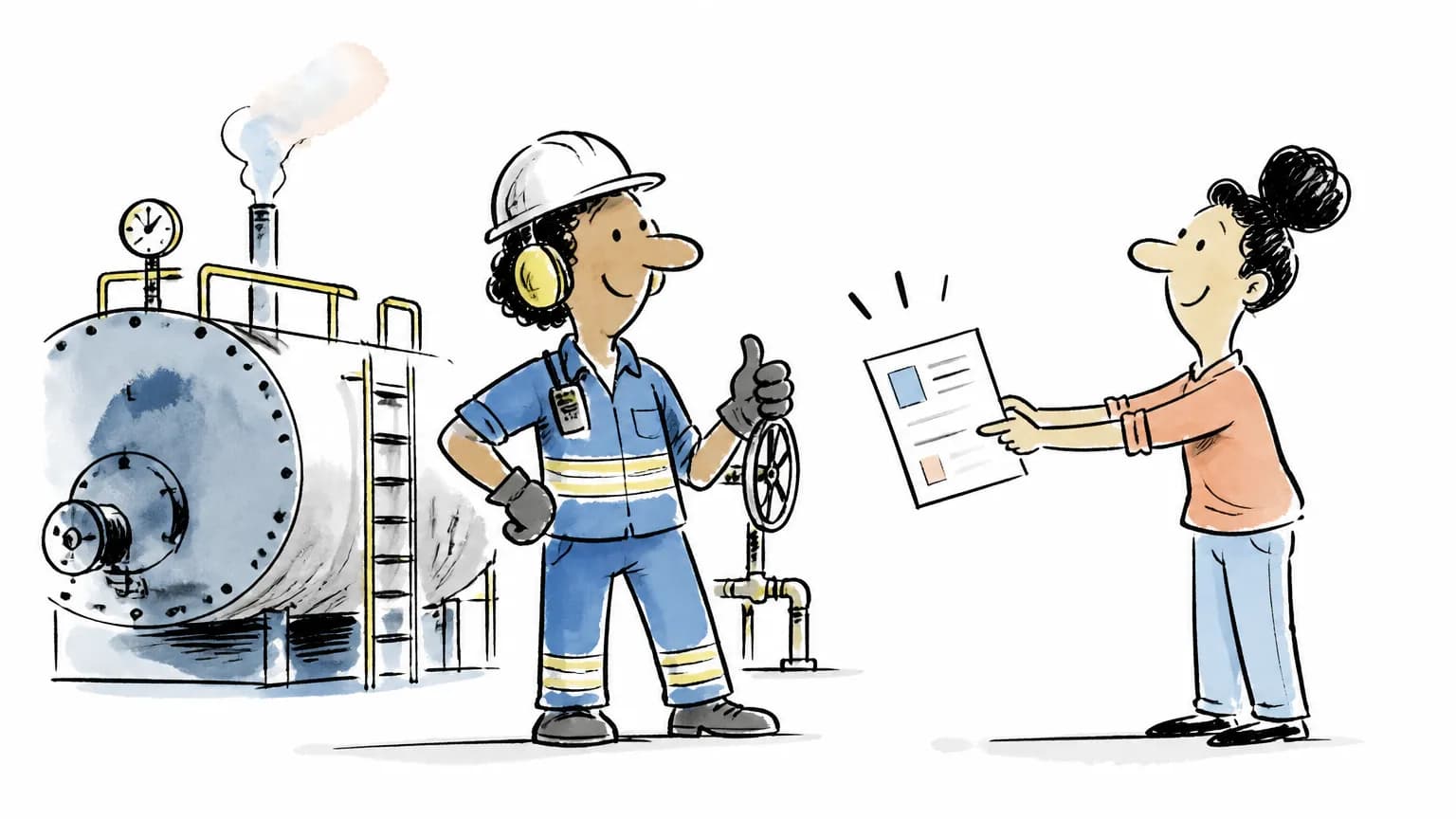 Ilustração sobre Vaga de operador de caldeira na Raízen: como se candidatar, com cena profissional relacionada ao tema.