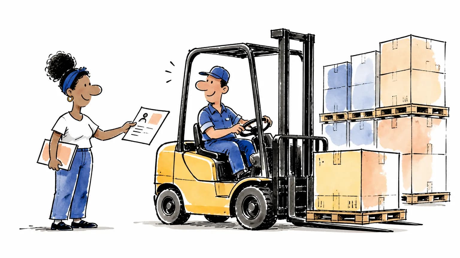 Ilustração sobre Vaga de operador de empilhadeira na Ambev: como se candidatar, com profissional em ambiente de trabalho.