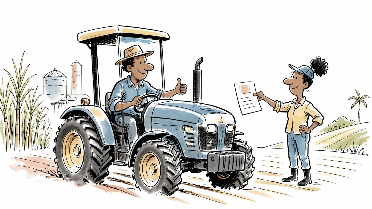 Ilustração sobre Vaga de operador de máquinas agrícolas na Raízen, com cena profissional relacionada ao tema.