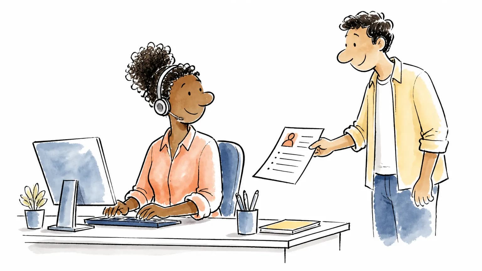 Ilustração sobre Vaga de operador de telemarketing na Atento: como se candidatar, com profissional em ambiente de trabalho.