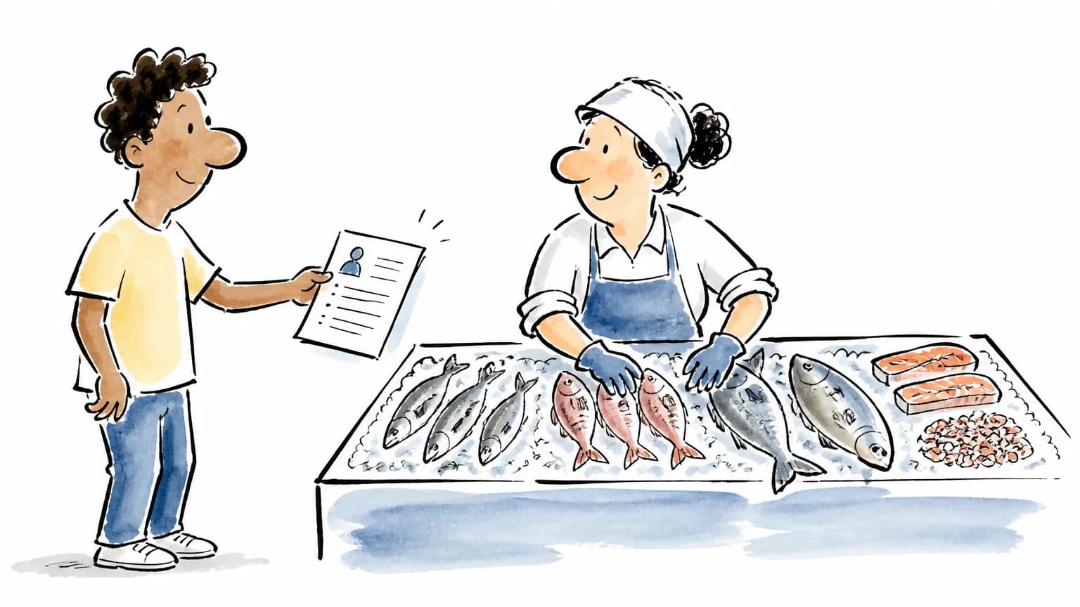 Ilustração sobre Vaga de peixeiro no Assaí: como se candidatar, com profissional em ambiente de trabalho.