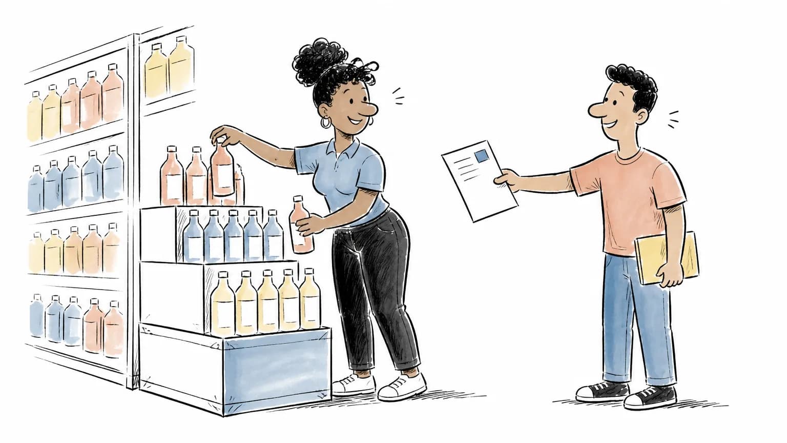 Ilustração sobre Vaga de promotor de vendas na Ambev: como se candidatar, com profissional em ambiente de trabalho.