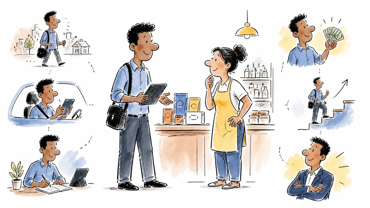 Ilustração sobre Vendedor externo: o que faz, salário e como ser, com cena profissional relacionada ao tema.