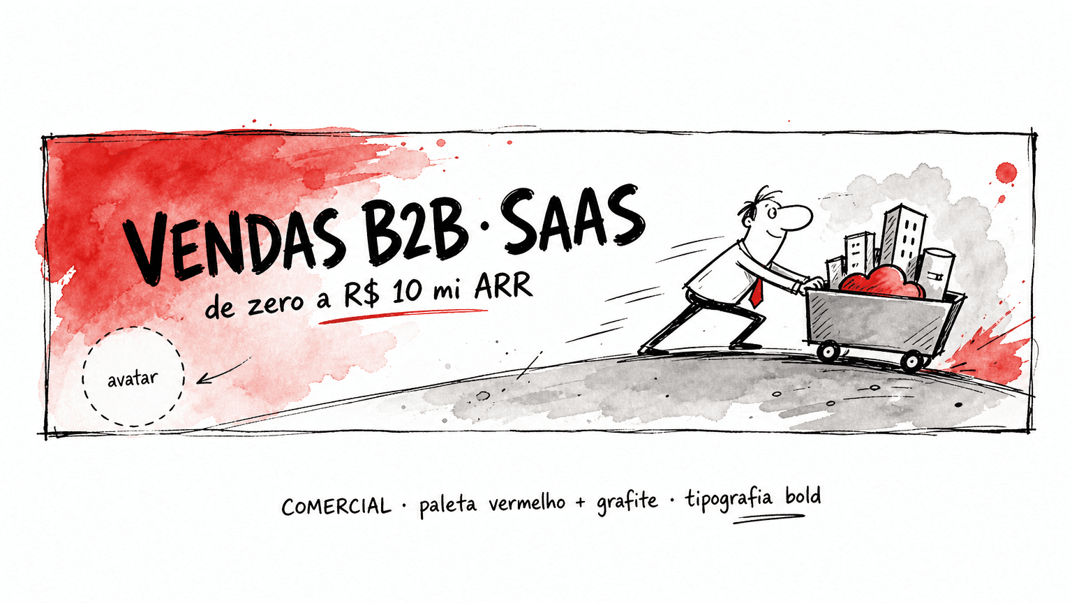 Conceito de capa Linkedin para comercial e vendas: paleta vermelho controlado com grafite e branco, layout dinâmico em diagonal sutil