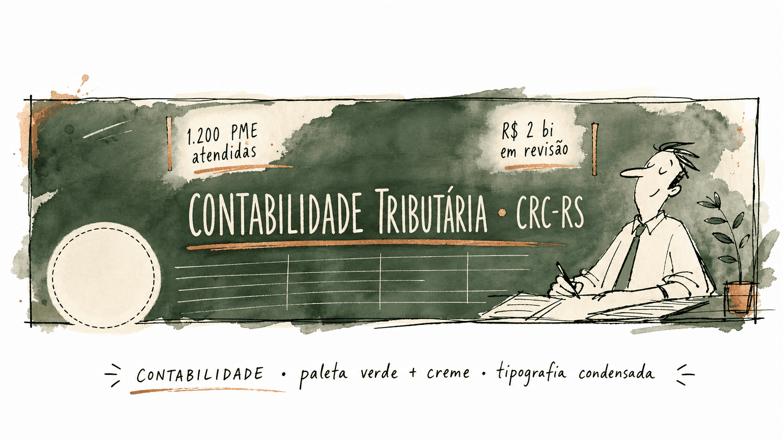 Conceito de capa Linkedin para contabilidade: paleta verde escuro com creme e acento dourado, estrutura tabular leve, dois números ancorando crédito