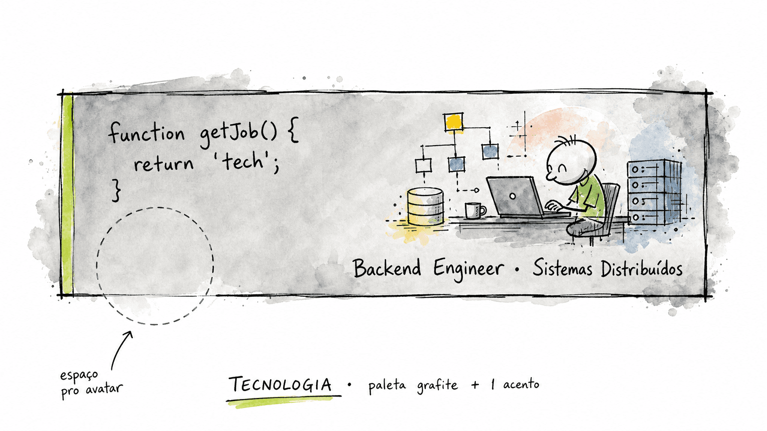 Conceito de capa Linkedin para tecnologia: paleta grafite com acento verde lima, tipografia monospace, pseudocódigo à esquerda