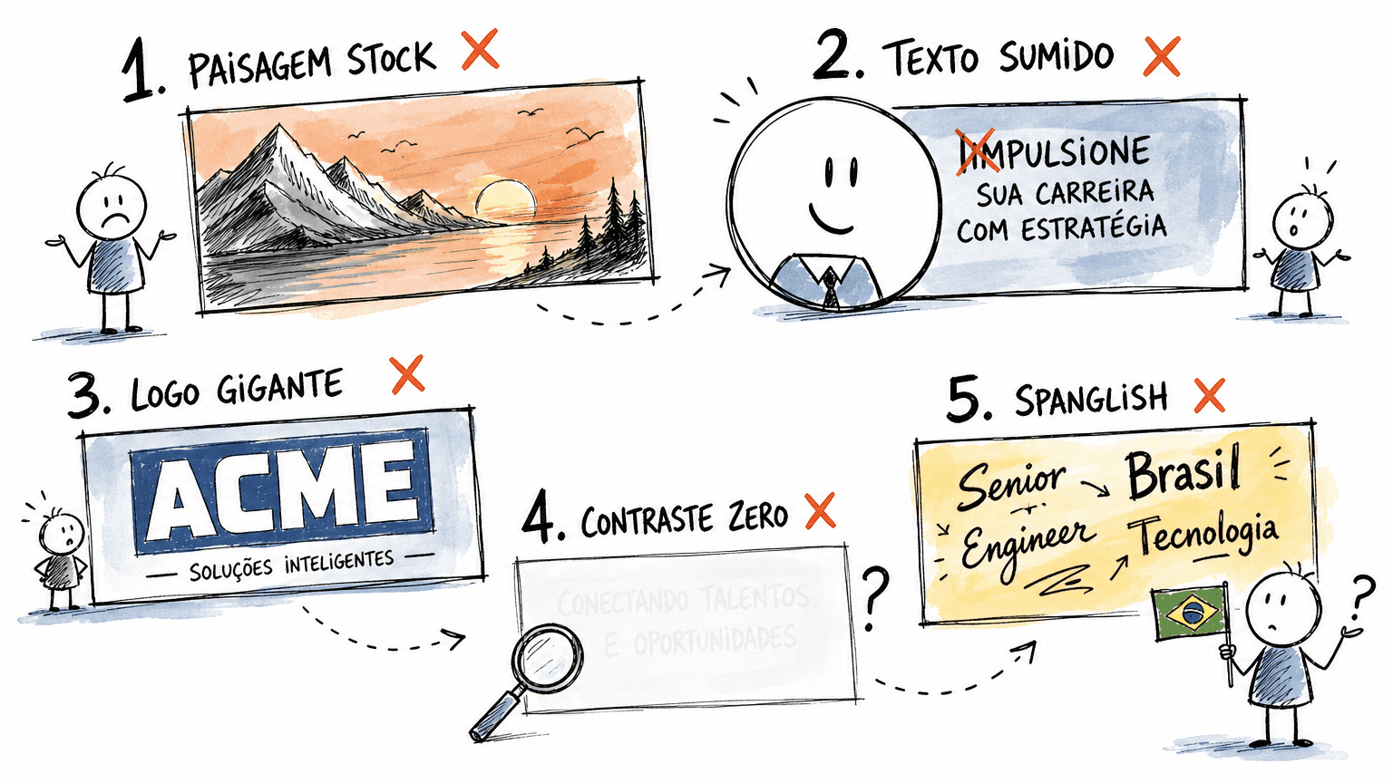 Doodle dos 5 erros visuais que matam a capa Linkedin: paisagem stock, texto na zona do avatar, logo gigante, contraste fraco e mistura pt-BR com inglês
