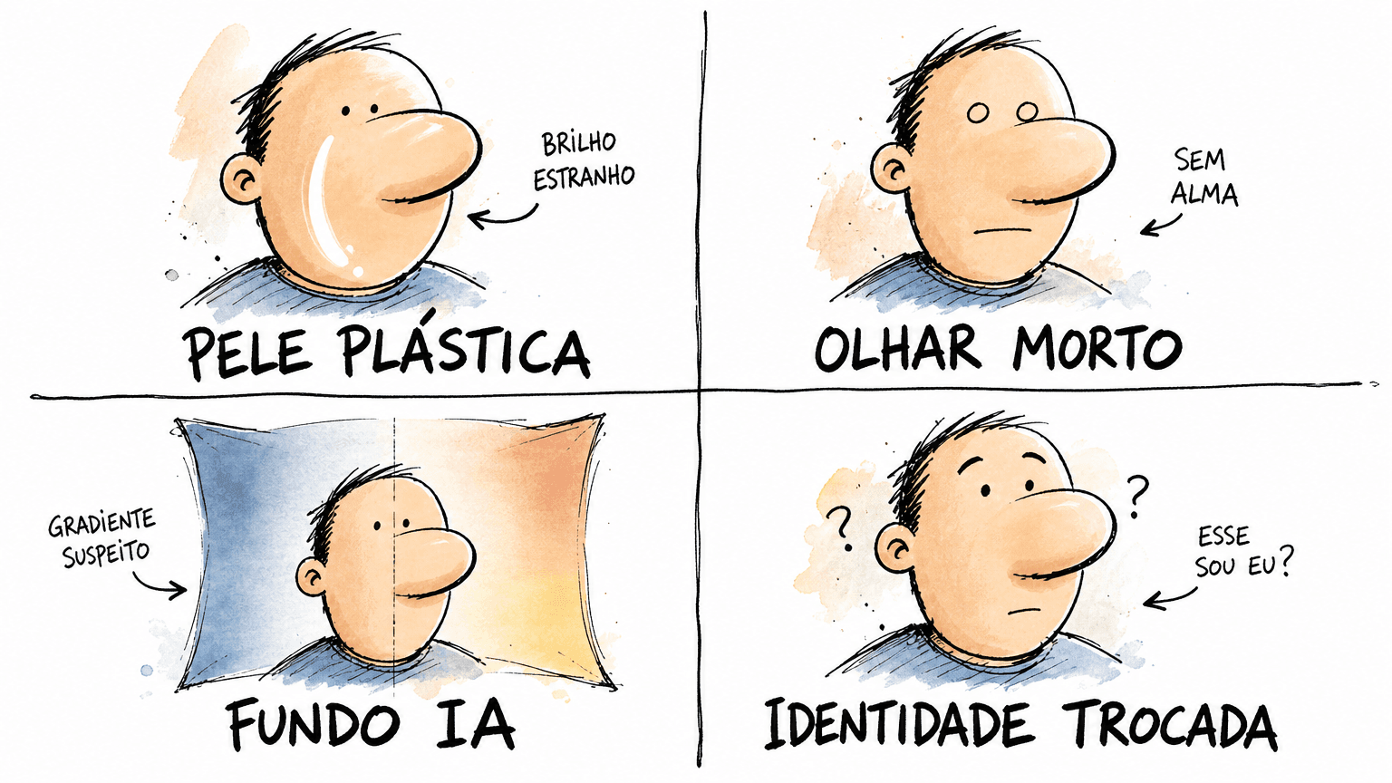 4 quadrantes doodle ilustrando falhas típicas da foto Linkedin feita com IA: pele plastificada, olhar morto, fundo de IA óbvio e crachá em inglês