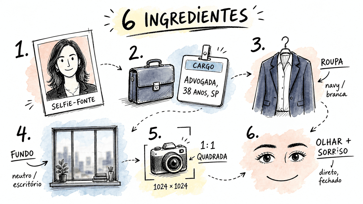 Sketchbook doodle Red Bull com 6 vinhetas numeradas em pt-BR: selfie-fonte, cargo, roupa, fundo, aspect ratio 1:1 e olhar.