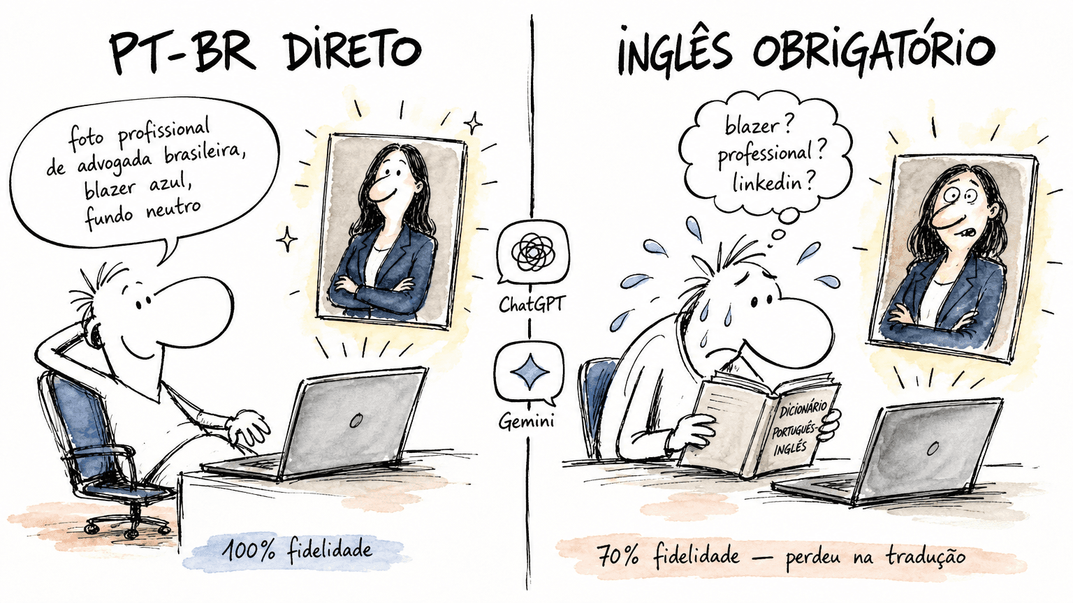 Split doodle Red Bull comparando ChatGPT que aceita pt-BR direto (100% de fidelidade) com Gemini que exige tradução pra inglês (70% de fidelidade).