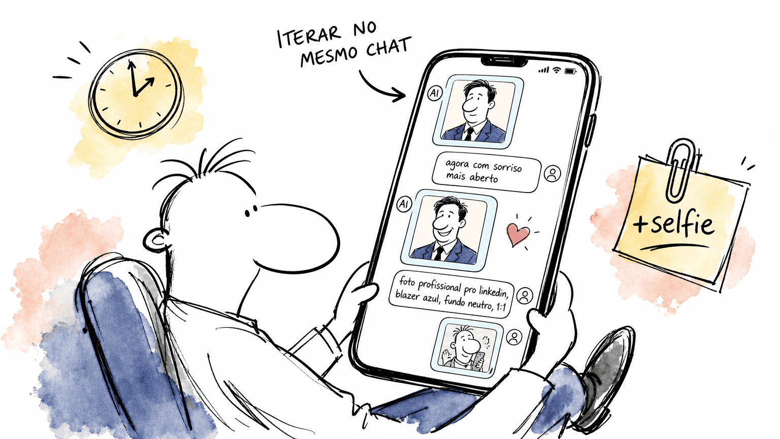 Doodle Red Bull mostrando o fluxo de iterar prompts no mesmo chat do ChatGPT: selfie anexada, prompt inicial, primeira foto, ajuste curto e foto refinada.