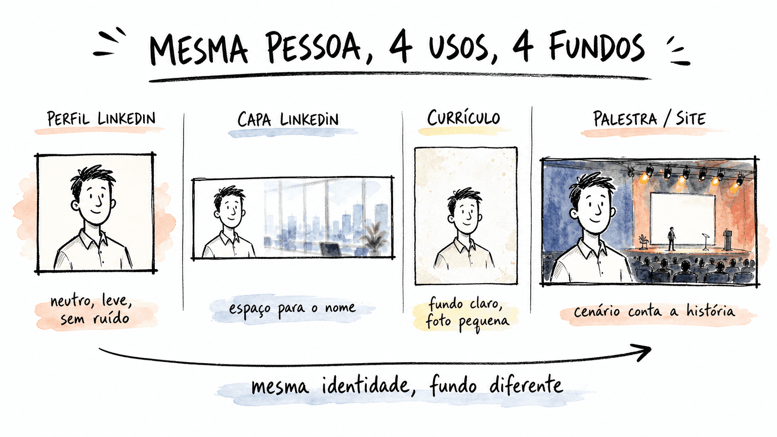 Doodle Red Bull mostrando a mesma persona em 4 contextos (perfil 1:1, capa 4:1, currículo 3:4, palestra 16:9) com fundo diferente em cada um.