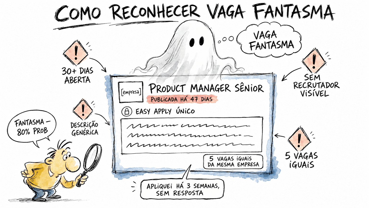 Doodle Red Bull com ghost cartoon sobre card de vaga fantasma em pt-BR: 4 sinais de alerta (30+ dias aberta, sem recrutador, descrição genérica, 5 vagas iguais) com 80% probabilidade.