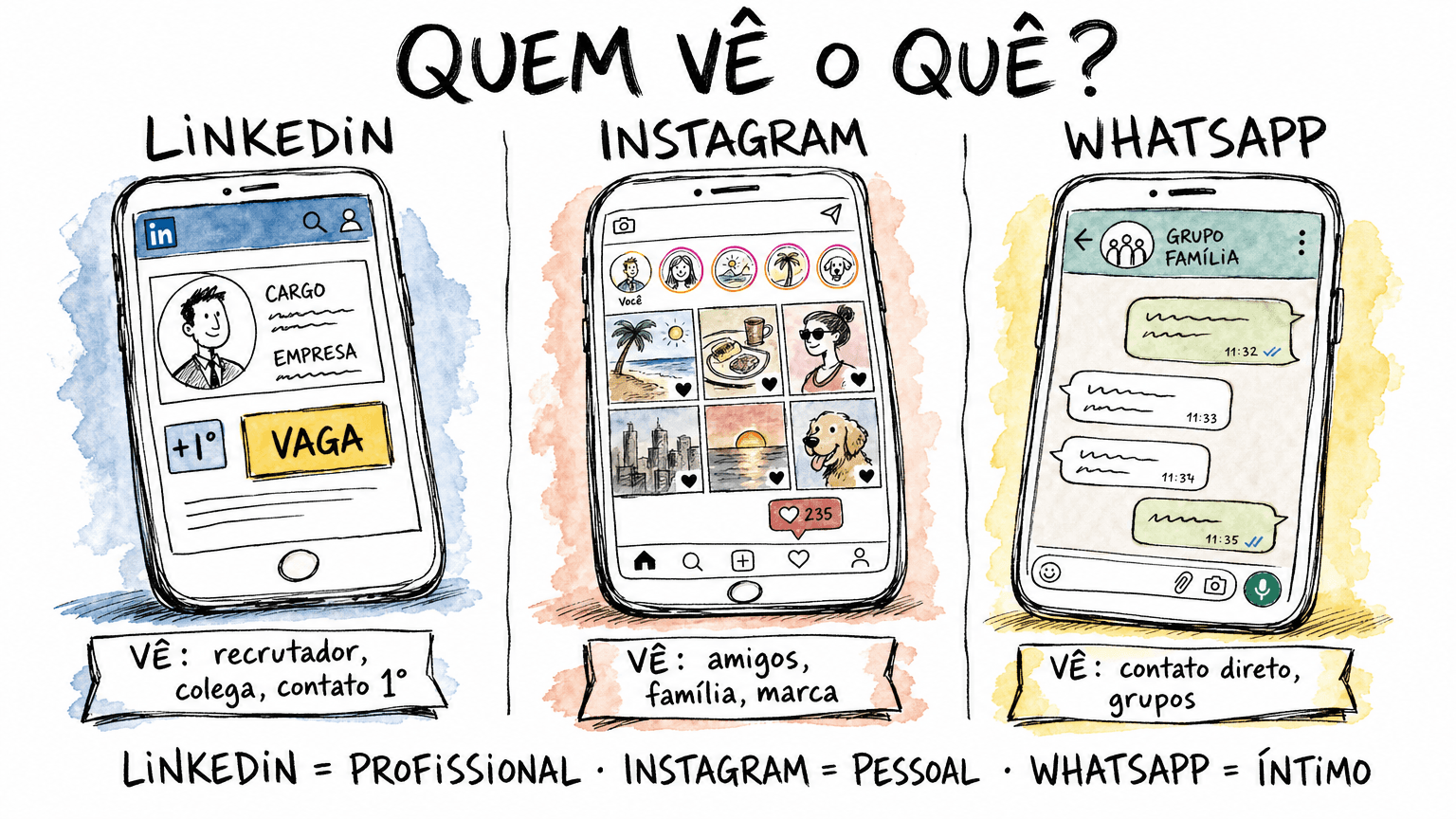 Doodle Red Bull comparando Linkedin, Instagram e Whatsapp em pt-BR: profissional, pessoal e íntimo, com quem vê cada um.