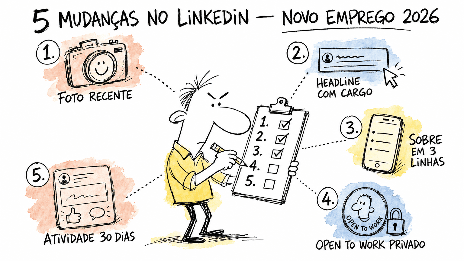 Doodle Red Bull das 5 mudanças no Linkedin pra novo emprego em 2026 em pt-BR: foto, headline, Sobre, Open To Work e atividade.