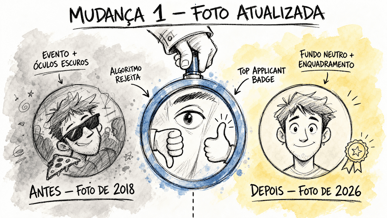 Doodle Red Bull split antes×depois da foto do Linkedin em pt-BR: foto antiga de evento com óculos escuros rejeitada pelo algoritmo vs foto recente com fundo neutro e badge Top Applicant.