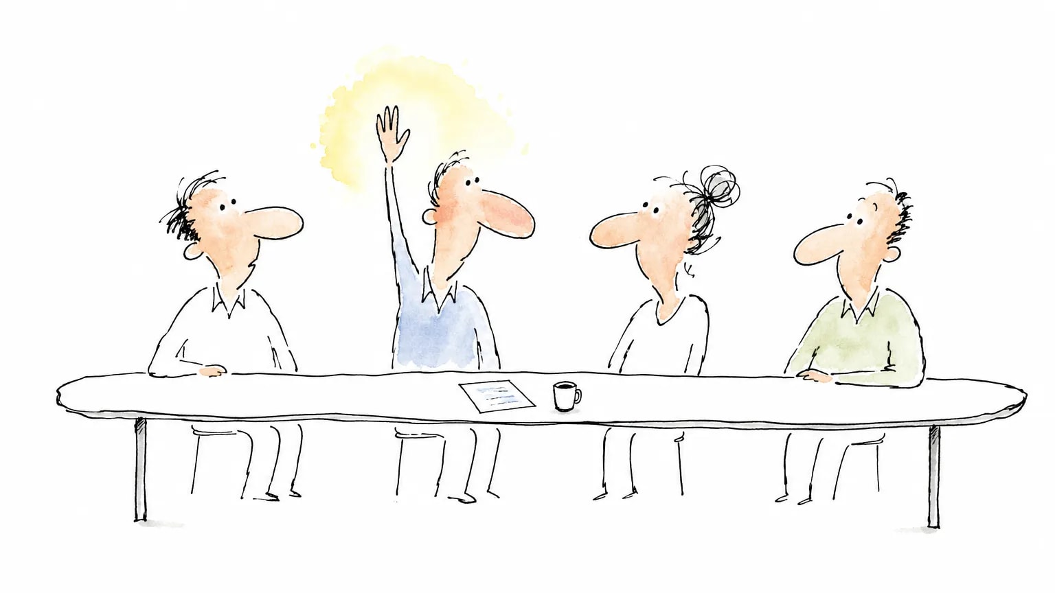 Ilustração de quatro pessoas atrás de uma mesa de reunião; uma levanta a mão e as outras viram a cabeça para ela com curiosidade, sem reprovação.