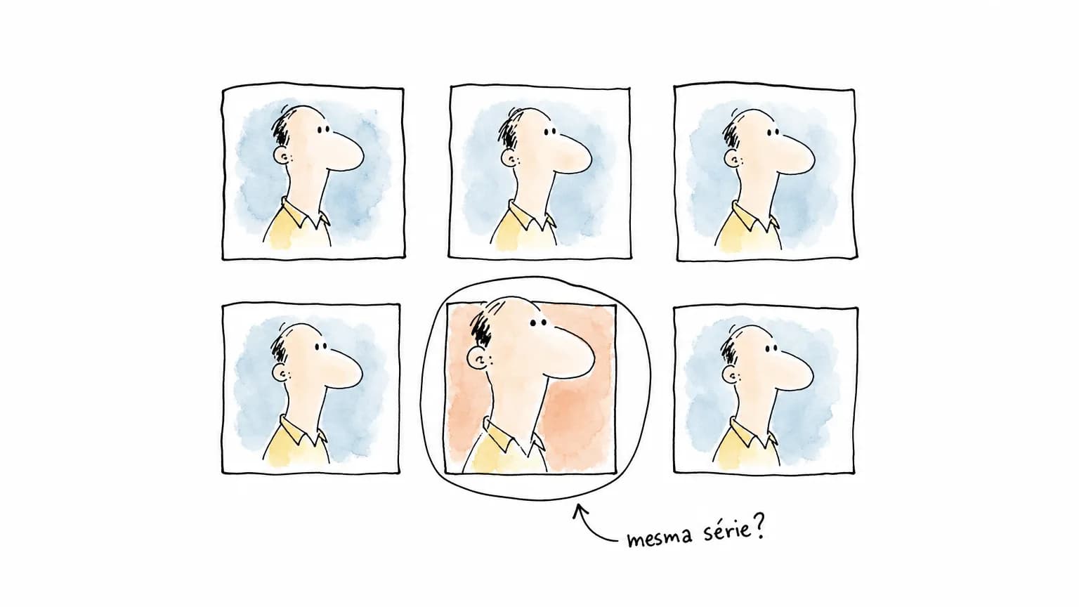 Grade de seis retratos-doodle com mesmo enquadramento e um deles fora do padrão, circulado à mão, com o rótulo "mesma série?"