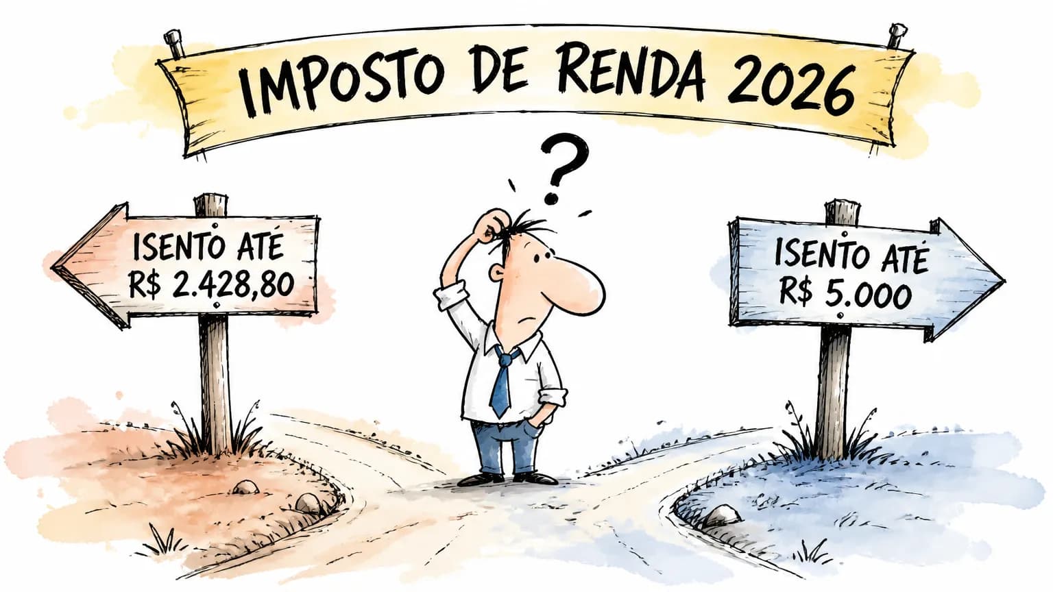 Trabalhador em dúvida entre duas placas de isenção do Imposto de Renda 2026: até R$ 2.428,80 e até R$ 5.000
