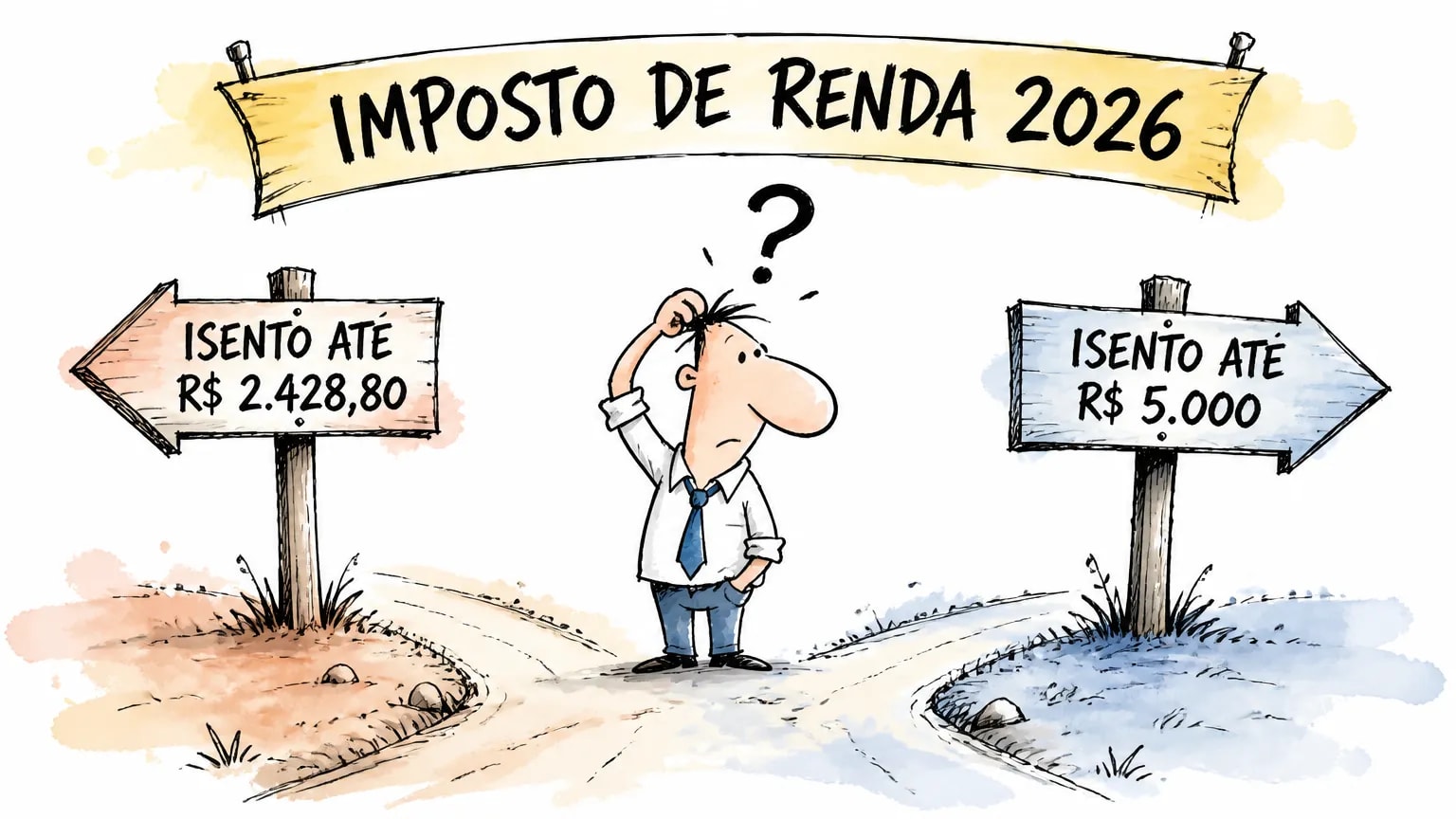 Trabalhador em dúvida entre duas placas de isenção do Imposto de Renda 2026: até R$ 2.428,80 e até R$ 5.000