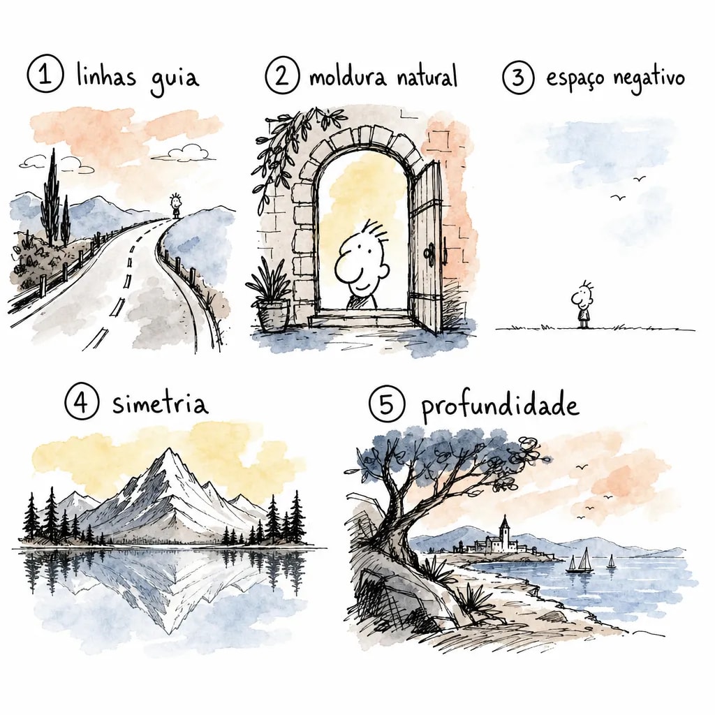 Cinco técnicas de composição fotográfica ilustradas: linhas guia, moldura natural, espaço negativo, simetria e profundidade