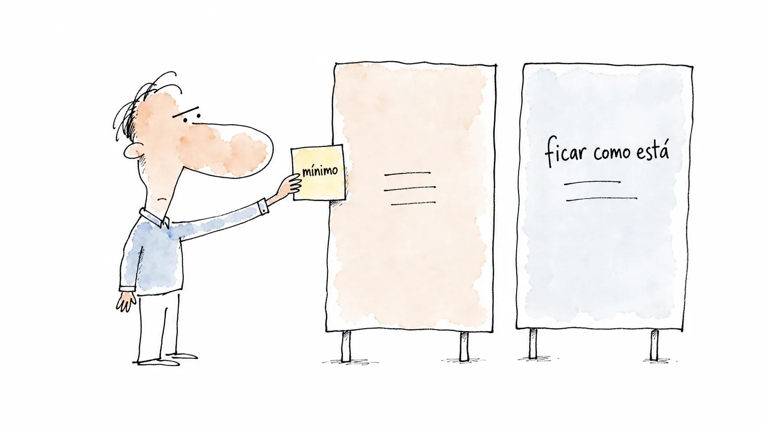 Ilustração de uma pessoa encostando um bilhete escrito mínimo em duas placas lado a lado, uma marcada ficar como está: decidir com o critério escrito antes.