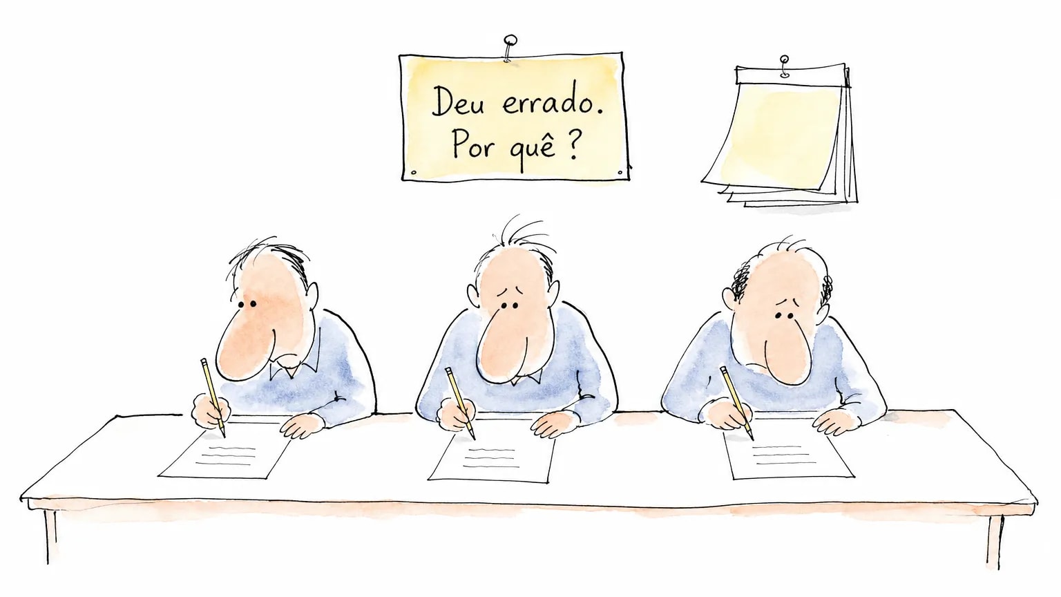 Ilustração de três pessoas escrevendo sozinhas numa mesa sob a placa deu errado, por quê: o pré-mortem de uma decisão.
