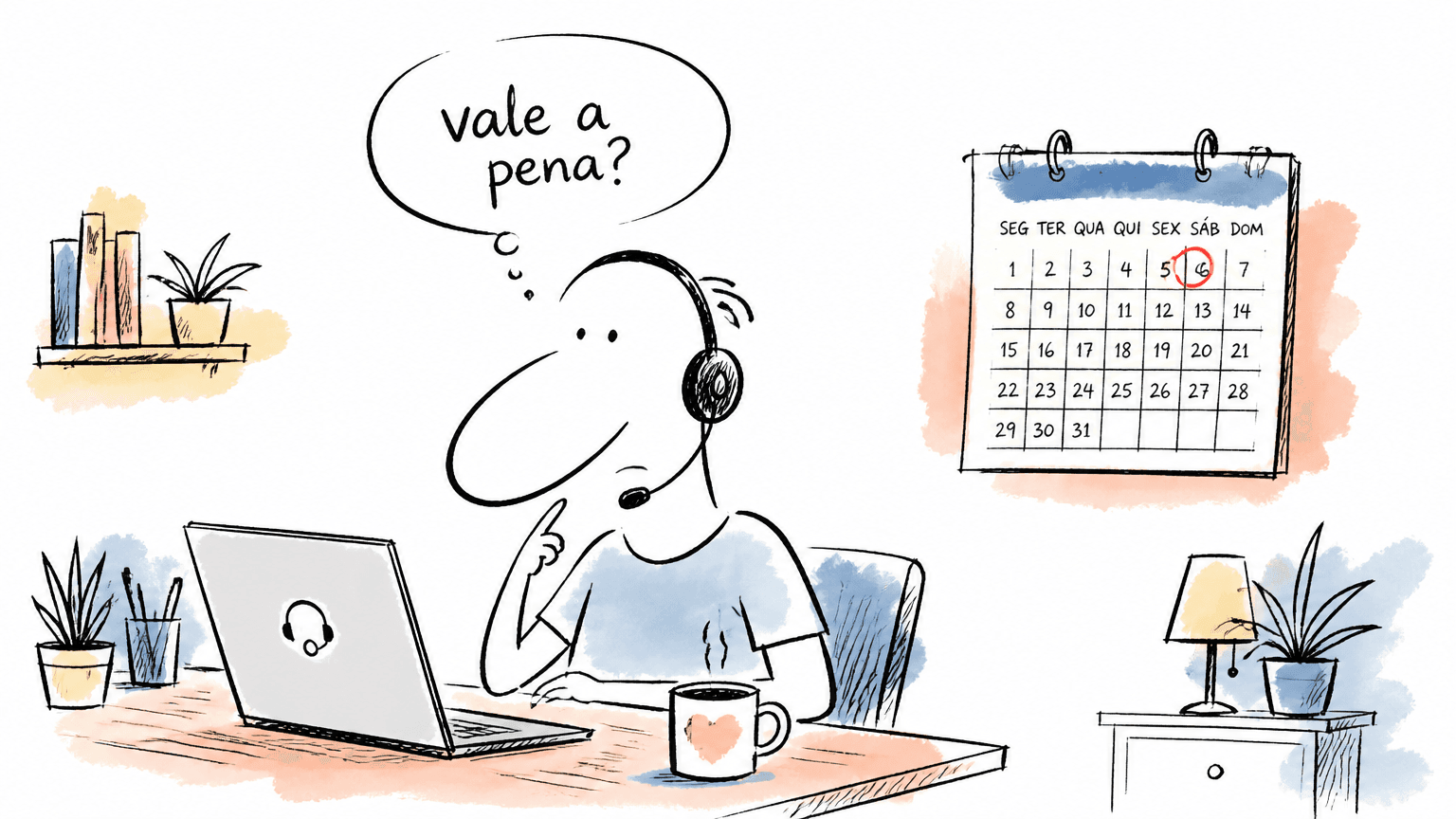 Cartoon de pessoa de headset numa mesa em casa com laptop e a pergunta 'vale a pena?', aludindo a trabalhar na Atento